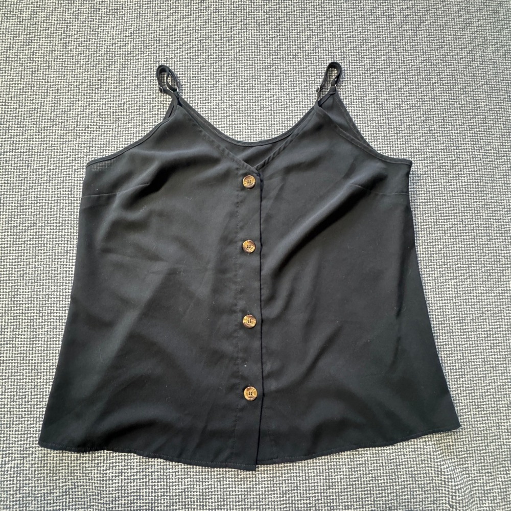 Womens Black Button Front V-Neck Camisole Adjustable Straps Size XL Relaxed Fit
